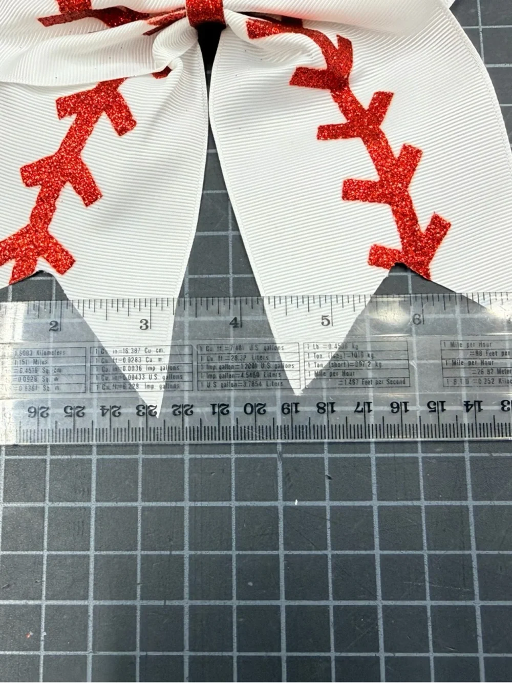 White Cheer Baseball Bow with Red Glitter Stitch Detail